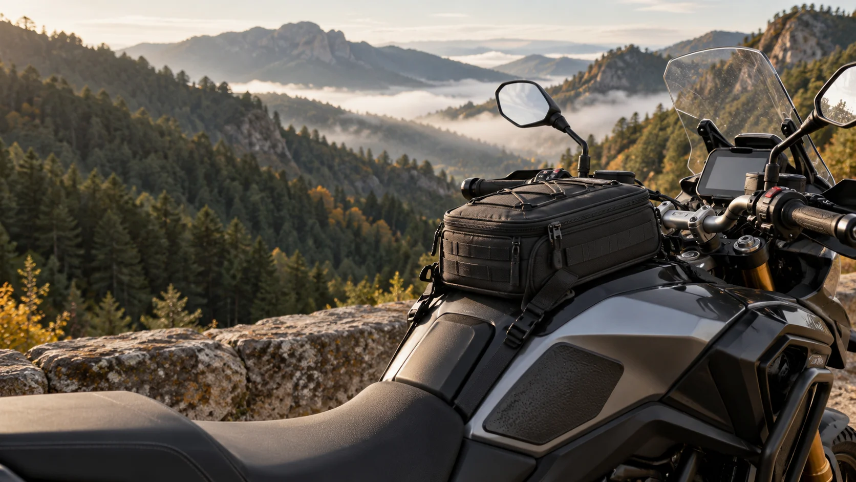 Ilustración de una bolsa sobredepósito para moto en un mirador de montaña