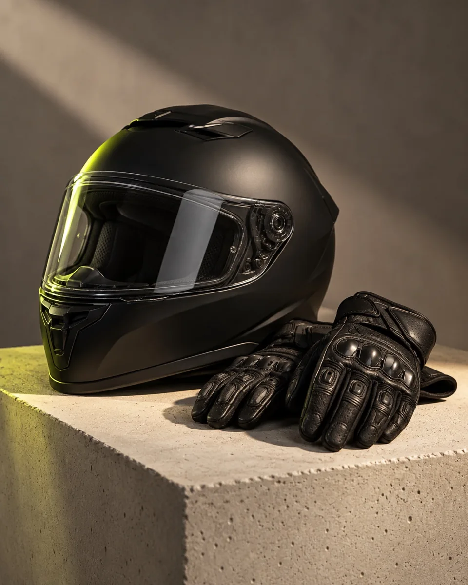 Composición editorial de casco integral y guantes negros