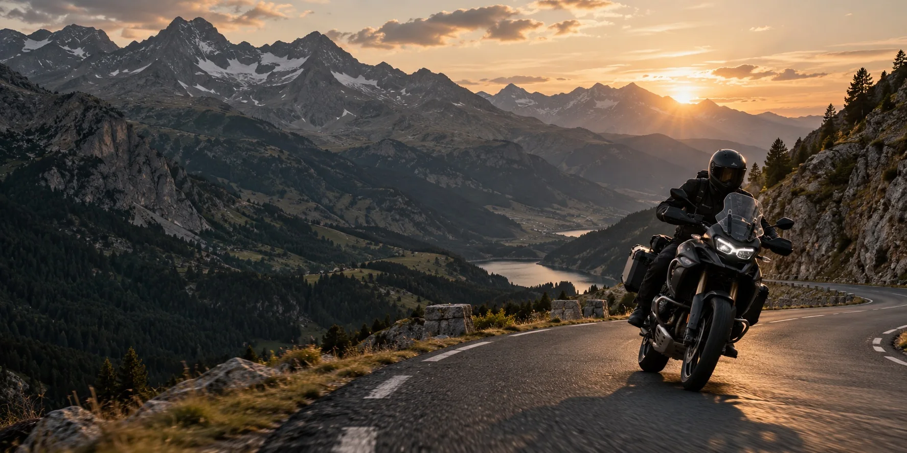 Escena ilustrativa de un motorista recorriendo una carretera de montaña al atardecer