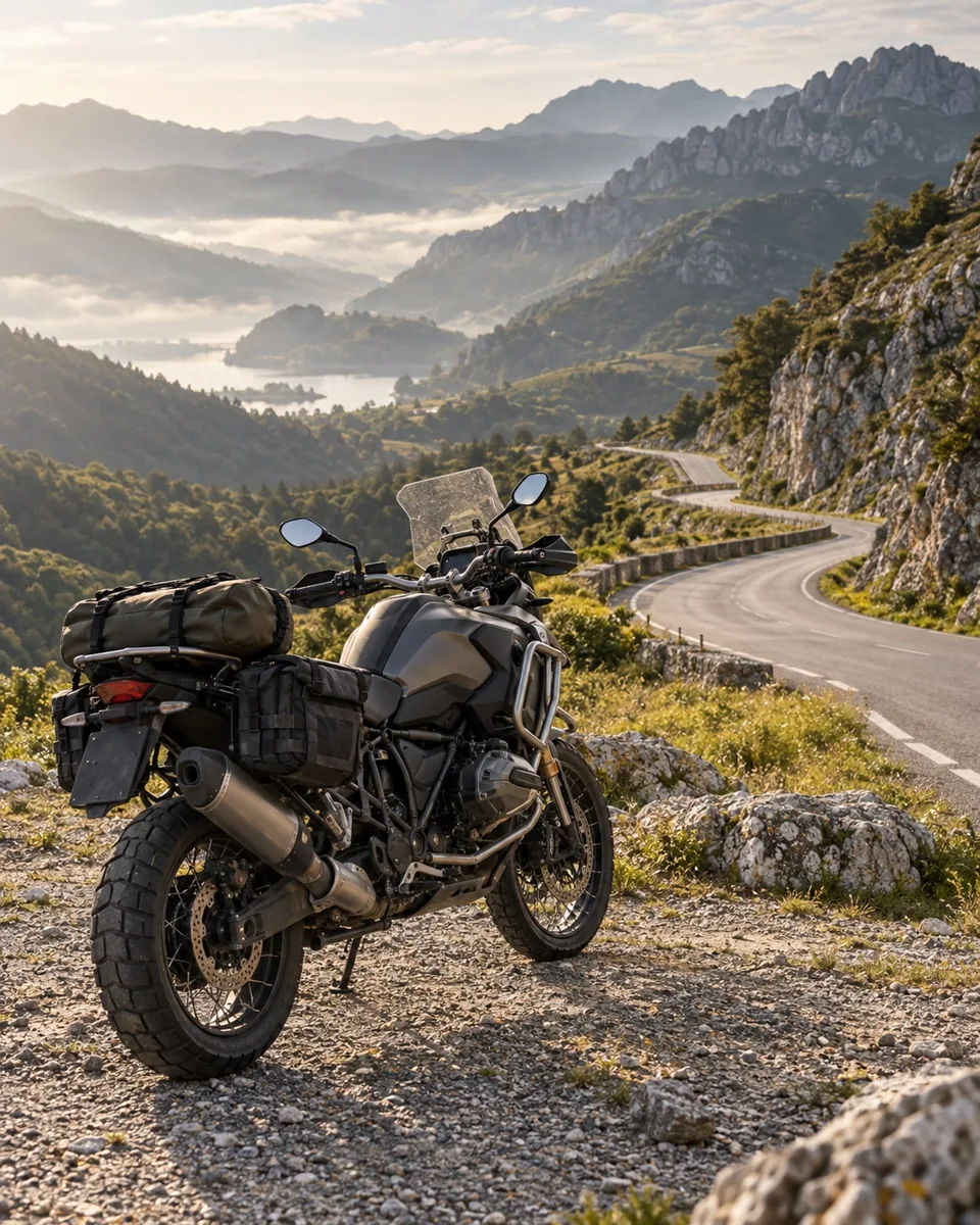 Escena ilustrativa de una moto con equipaje junto a una carretera de montaña